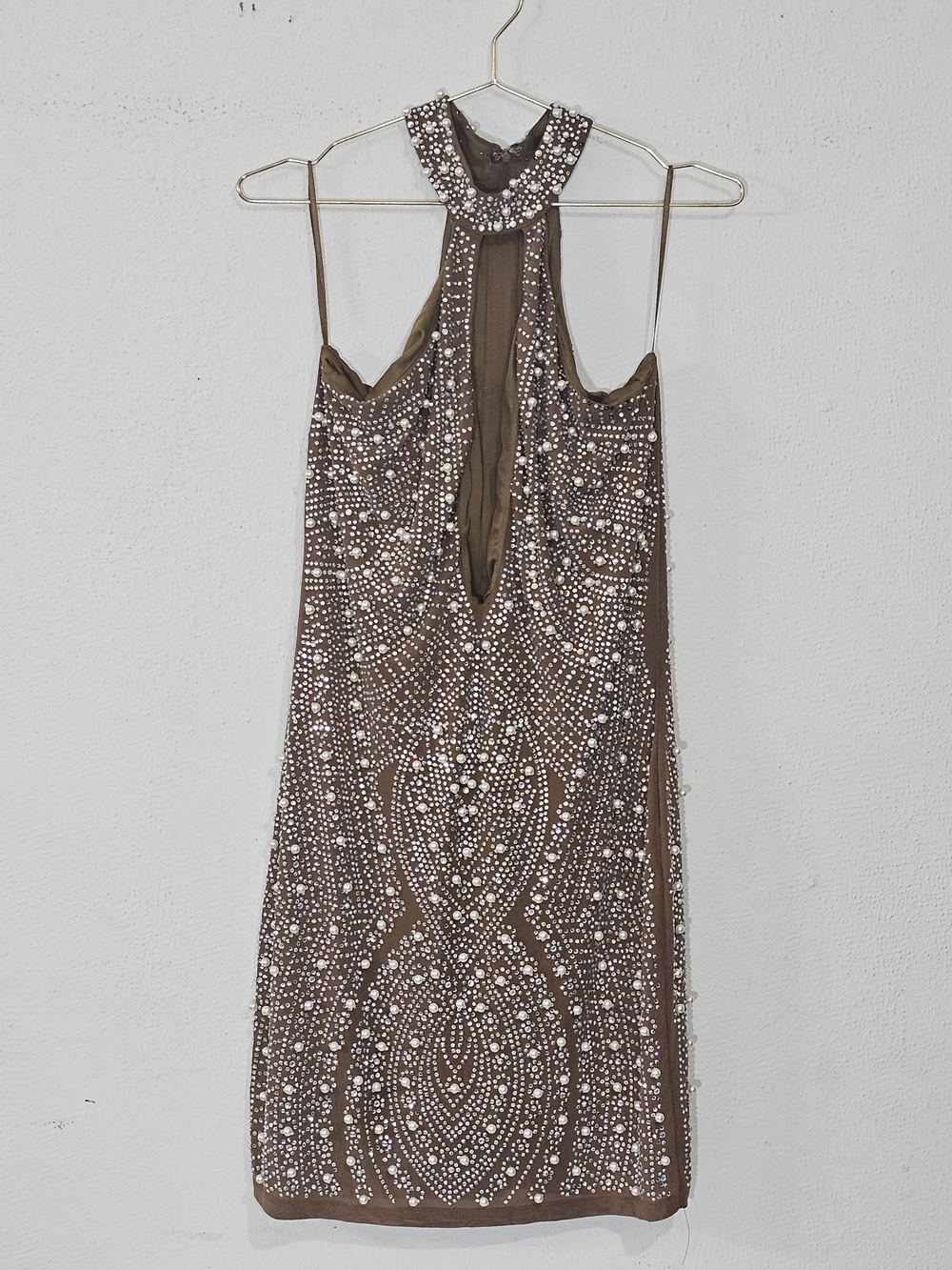 Fashion Nova Taupe Beaded Backless Halter Dress Womens Sz L